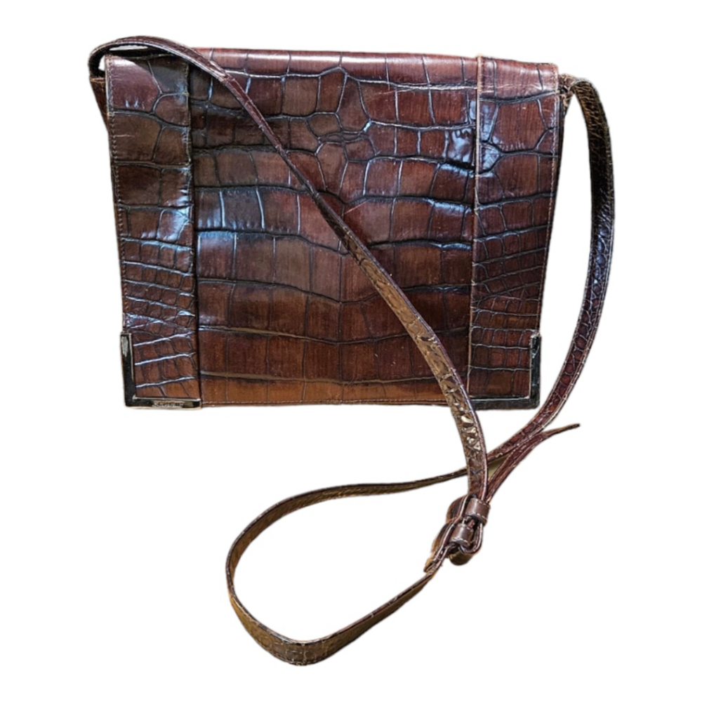 Sharif Brown Leather Crocodile Embossed Crossbody Bag